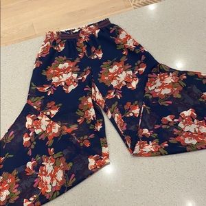 Navy blue, pink and red floral long wide pants